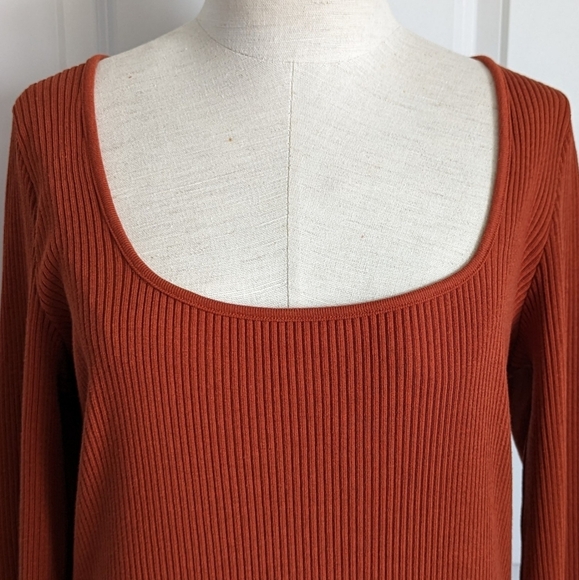 Vince Mini Dress Long Sleeve Rib Knit Square Neckline Fitted Rust Amber XL NWT - Picture 3 of 13